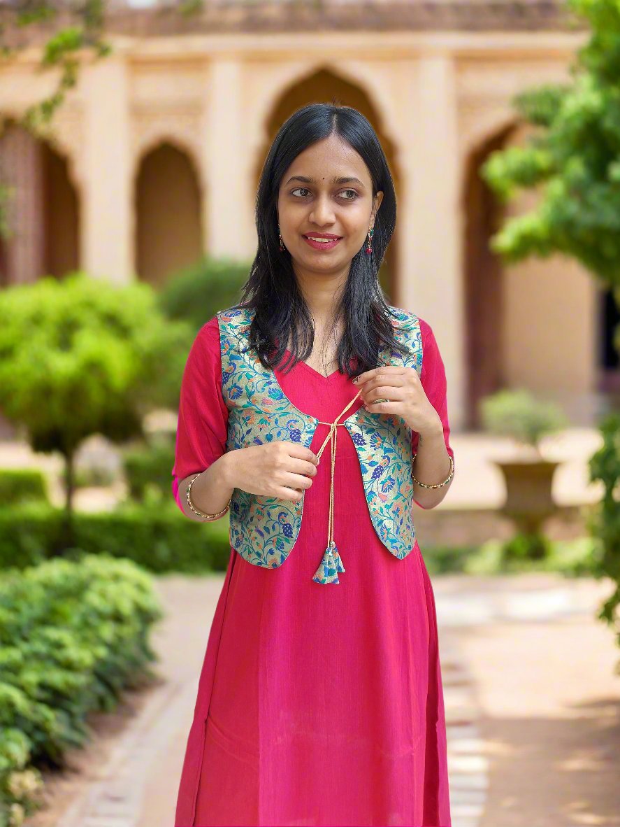 Blue Paithani Jacket with Red Kurta