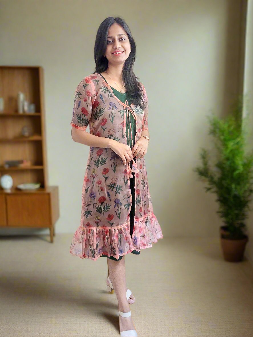 Peach Organza Shrug with Green Dress