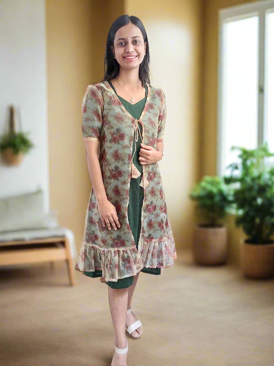 Yellow Organza Shrug with Green Dress