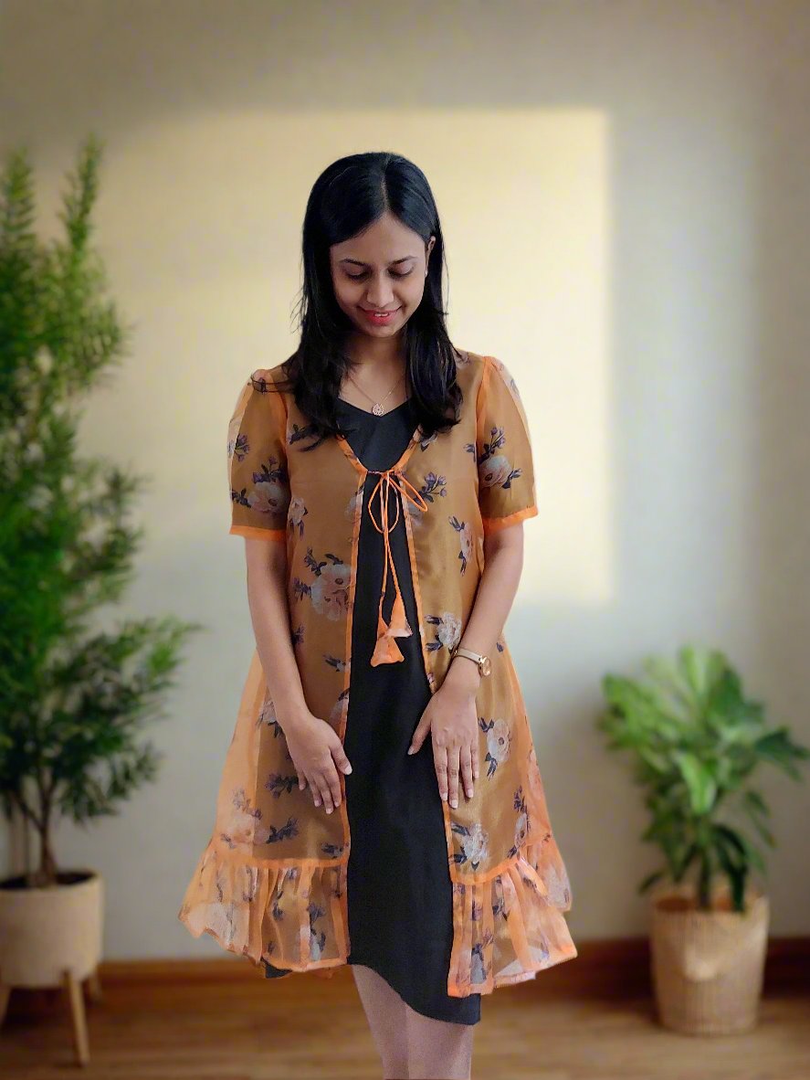 Orange Organza Shrug with Black Dress