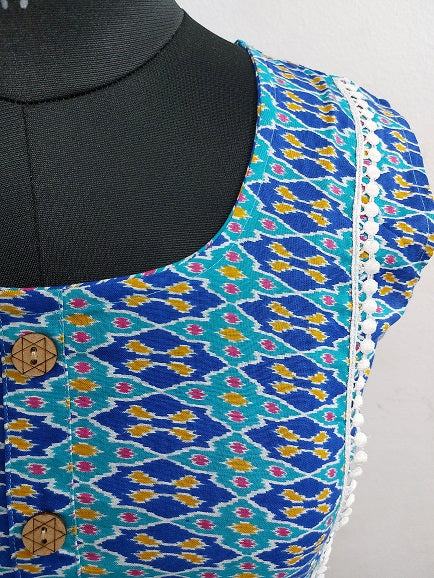 Blue Patola Sleeveless Kurti