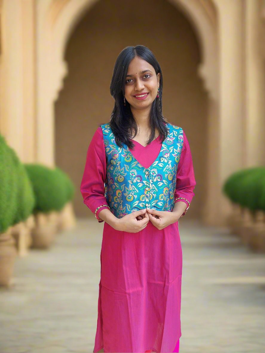 Blue Paithani Jacket With Pink Kurta