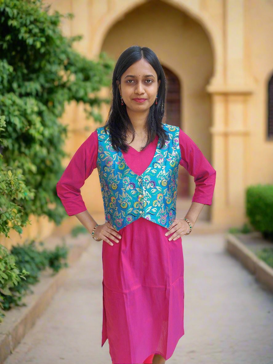 Blue Paithani Jacket With Pink Kurta