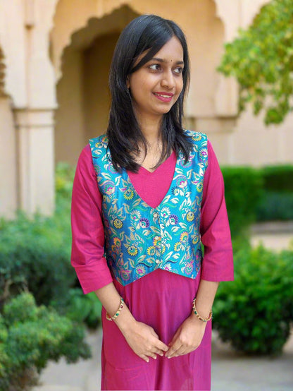 Blue Paithani Jacket With Pink Kurta