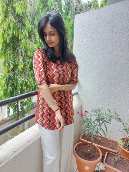 Maroon HandBlock Printed Zigzag Tunic