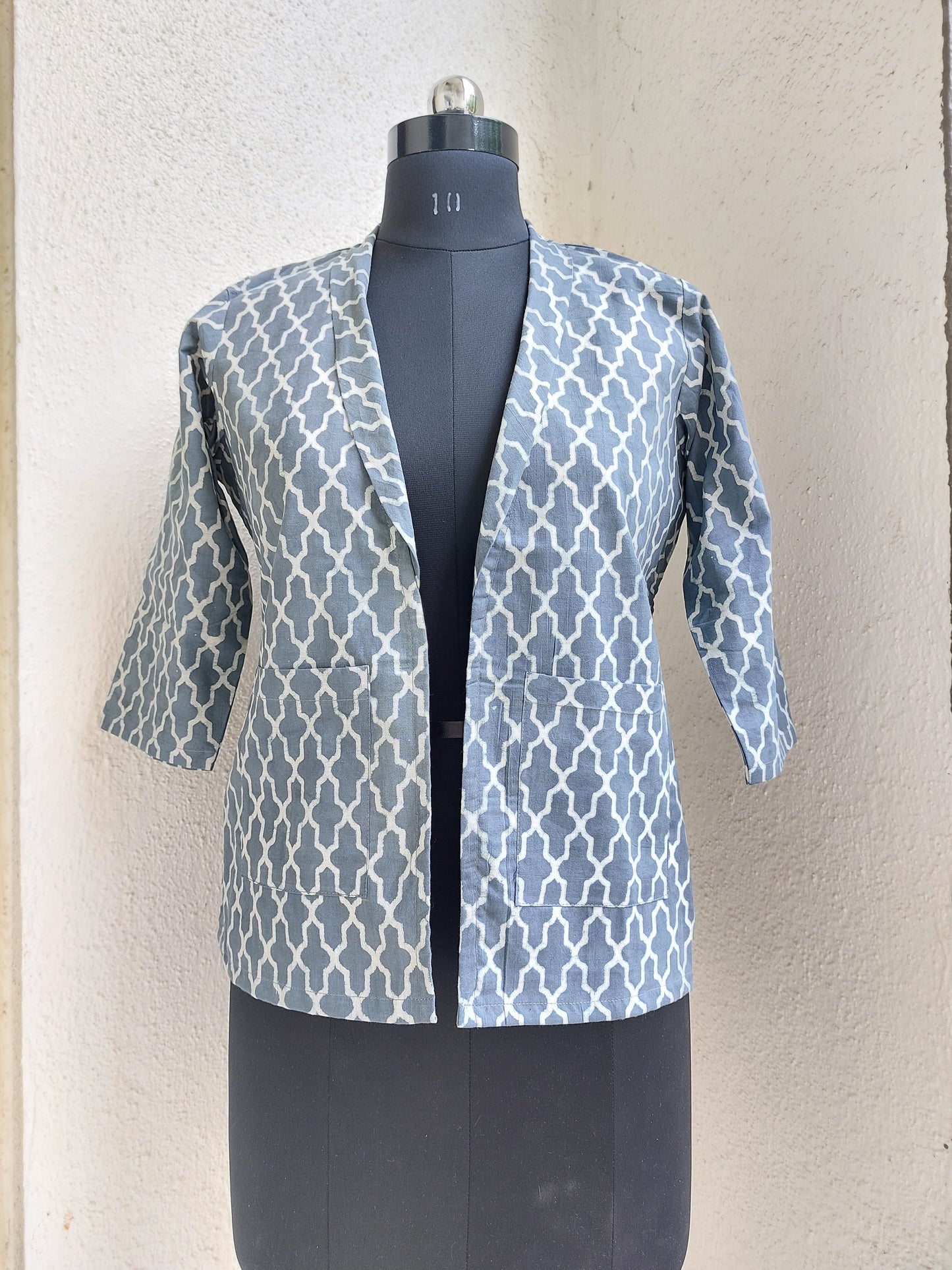 Grey Hand Block Print Collar Jacket