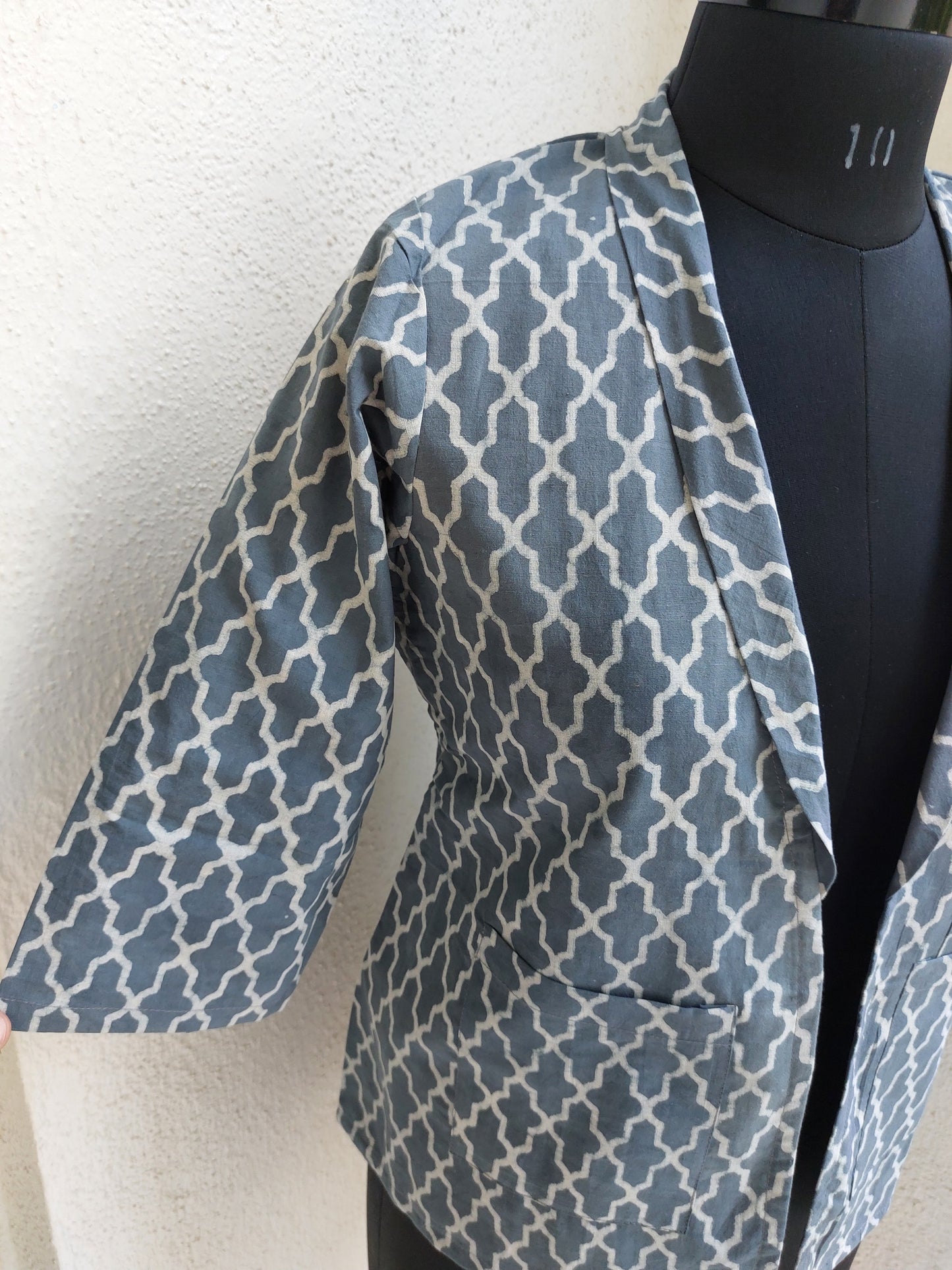 Grey Hand Block Print Collar Jacket