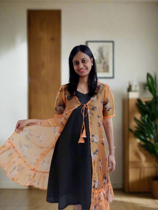 Orange Organza Shrug with Black Dress