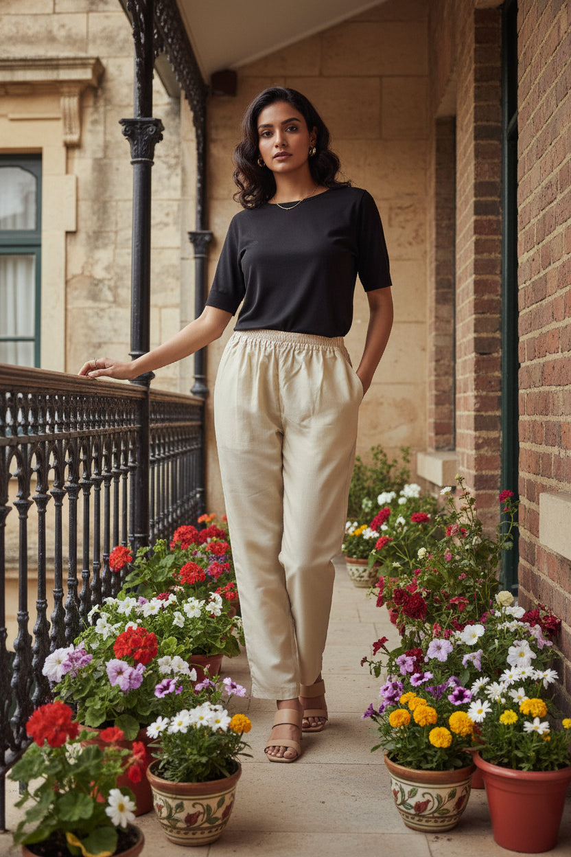 Beige Cotton Straight Pants