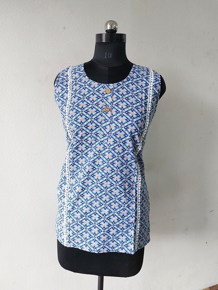 Blue Flower Sleeveless Kurti