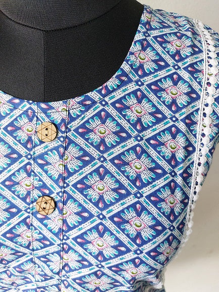 Blue Flower Sleeveless Kurti
