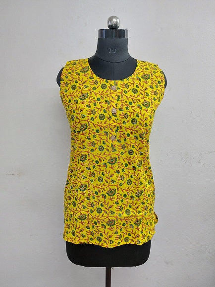 Yellow Floral Sleeveless Kurti