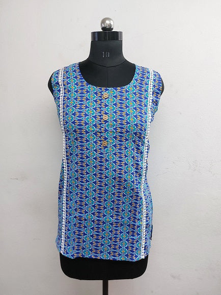 Blue Patola Sleeveless Kurti