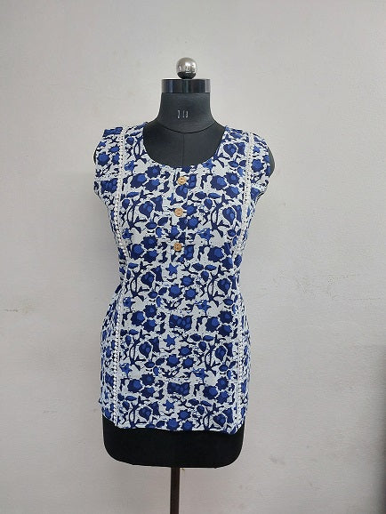 White Floral Sleeveless Kurti