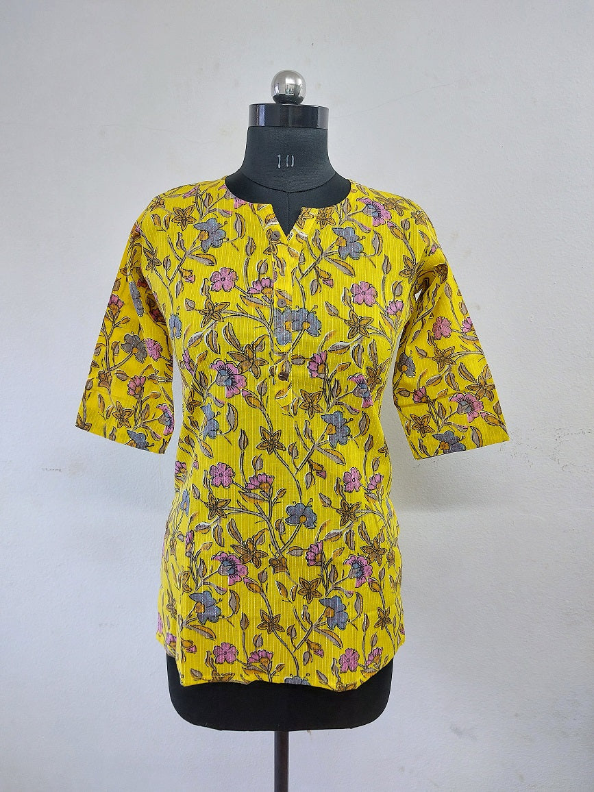 Yellow Floral Short Kurti