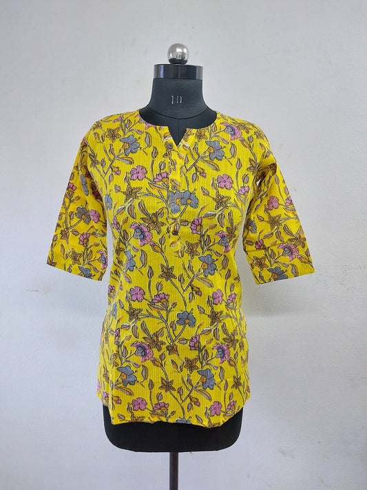 Yellow Floral Short Kurti