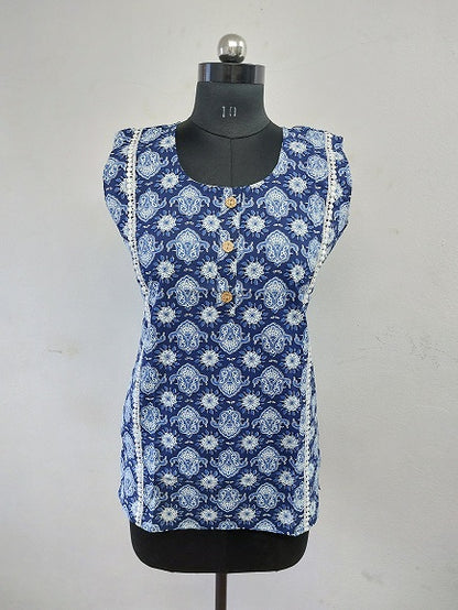 Indigo Floral Sleeveless Kurti