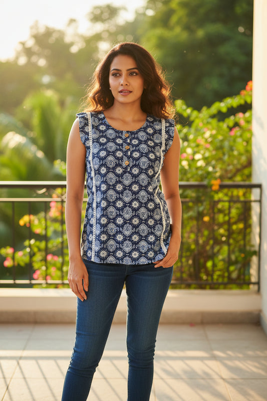 Indigo Floral Sleeveless Kurti