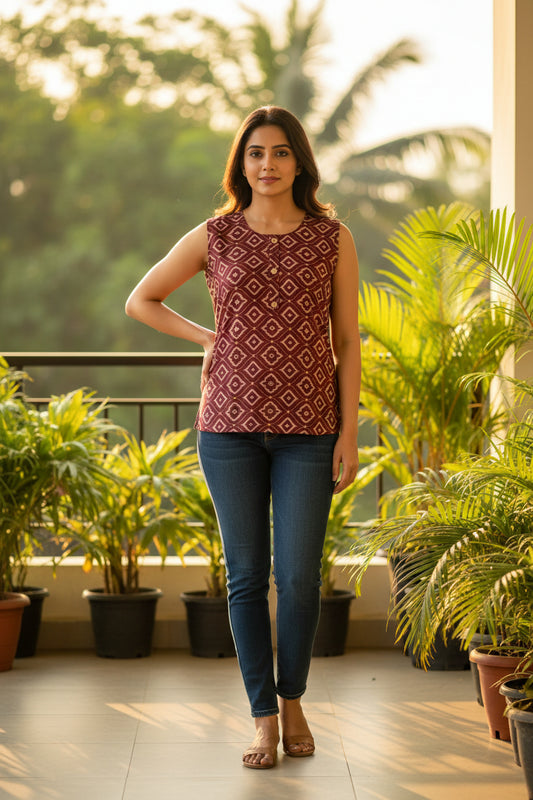 Maroon Floral Sleeveless Kurti