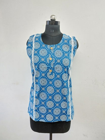 Blue Butti Sleeveless Kurti