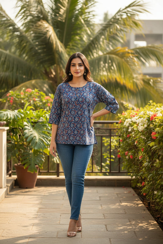 Blue Floral Short Kurti