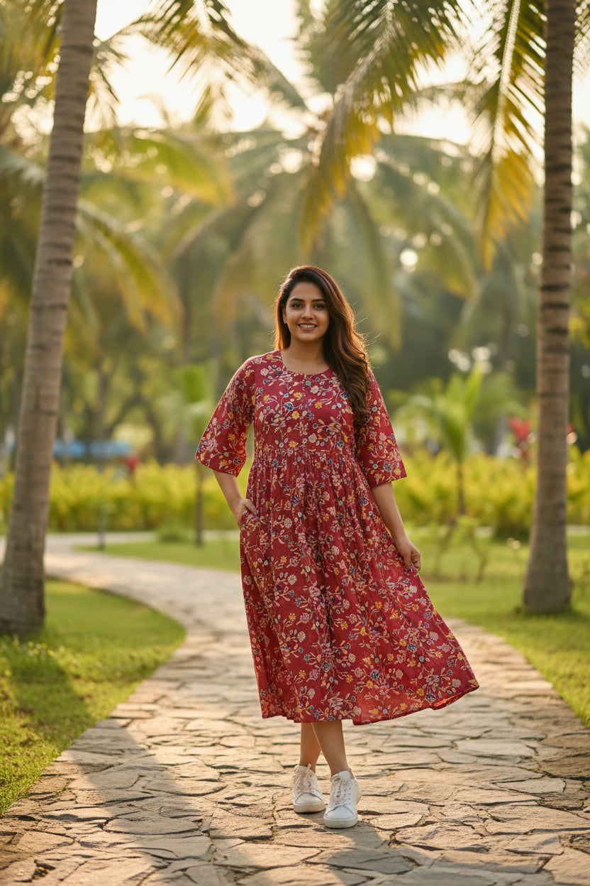 Maroon Floral Midi Dress