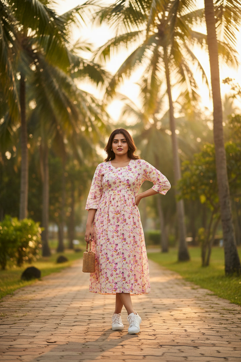 Pink Floral Midi Dress
