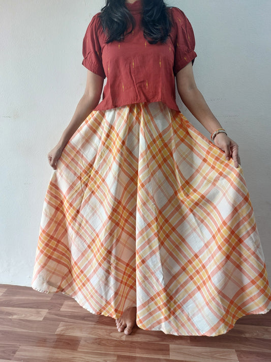 Orange Checks Long Skirt