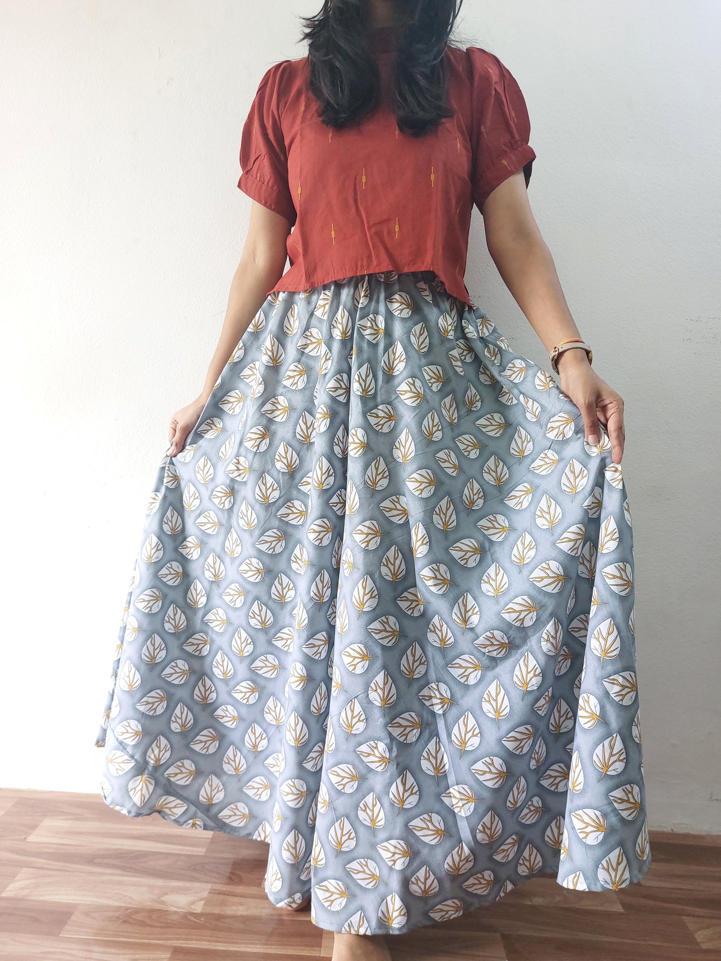 Grey Floral Long Skirt
