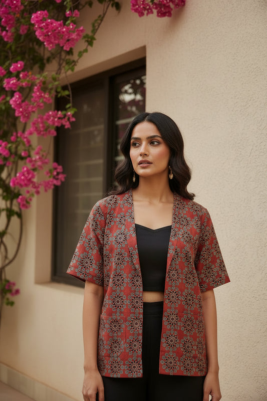 Maroon Block Print Shrug
