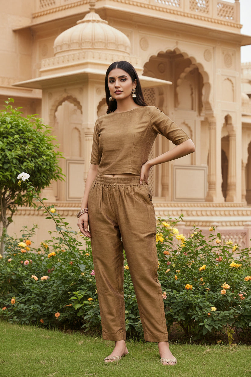 Brown Cotton Silk Pants