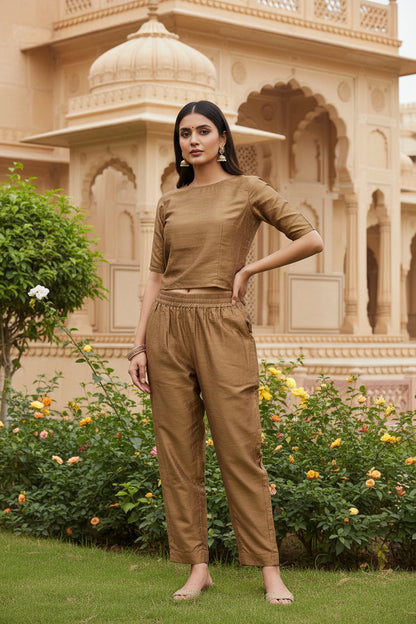 Brown Cotton Silk Pants