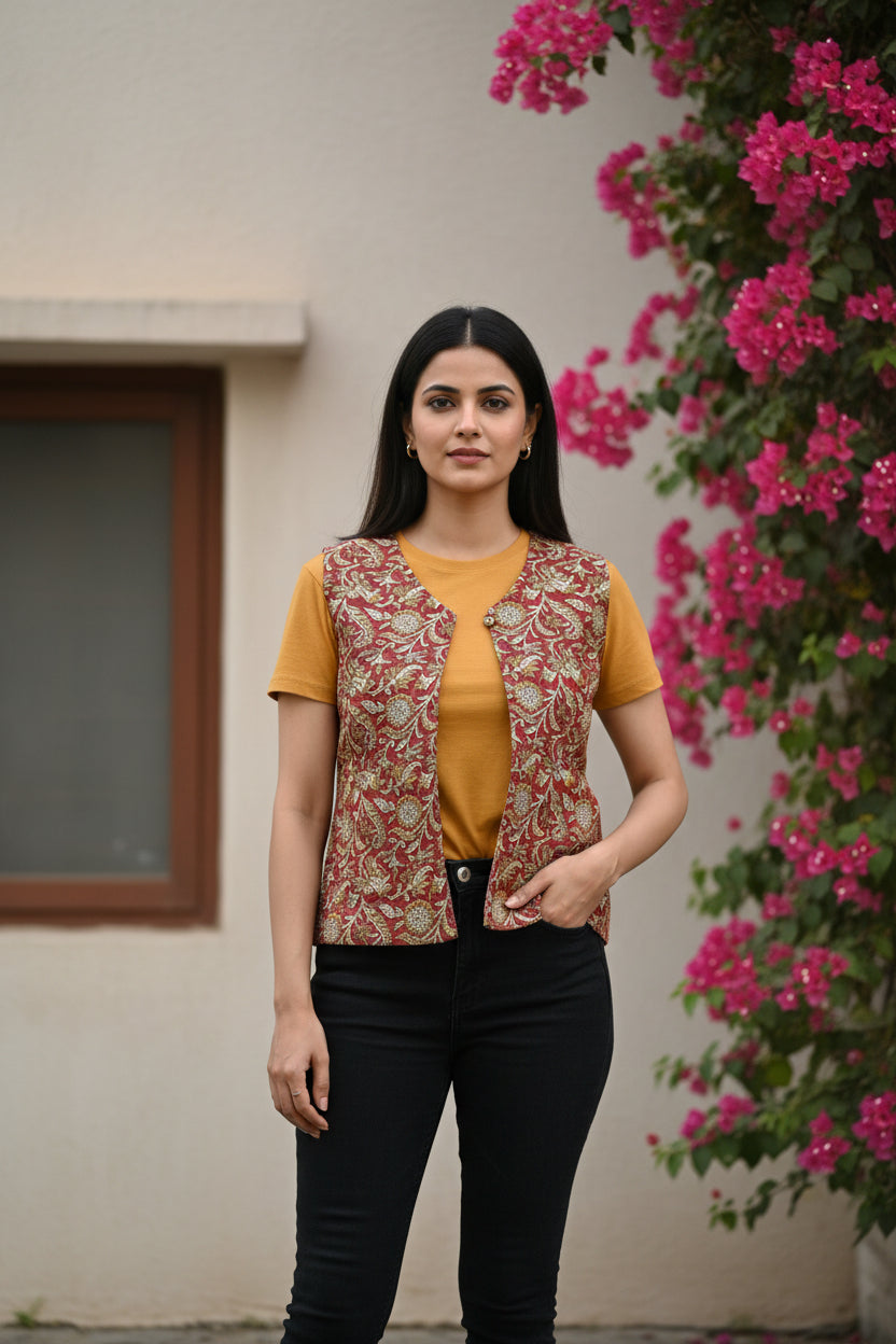 Red Floral Sleeveless Shrug