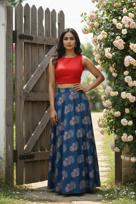 Blue Floral Long Skirt