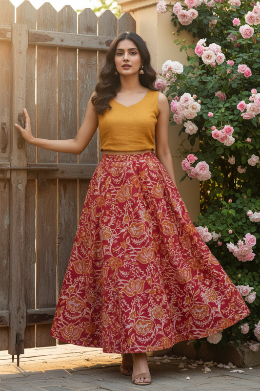 Red Floral Long Skirt