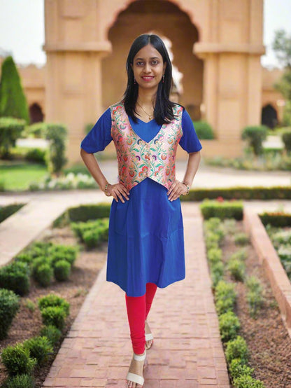 Pink Paithani Jacket with Blue Kurta