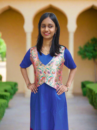 Pink Paithani Jacket with Blue Kurta