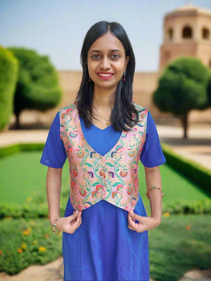 Pink Paithani Jacket with Blue Kurta