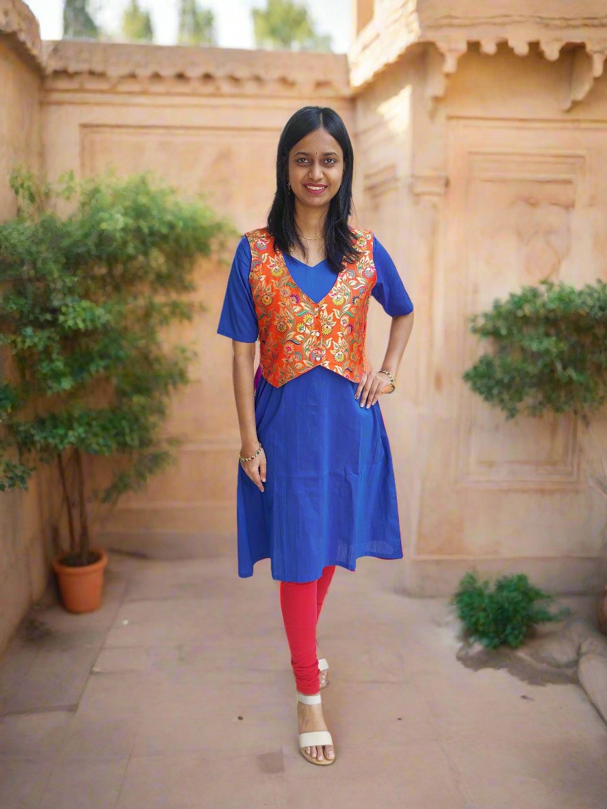 Orange Paithani Jacket with Blue Kurta