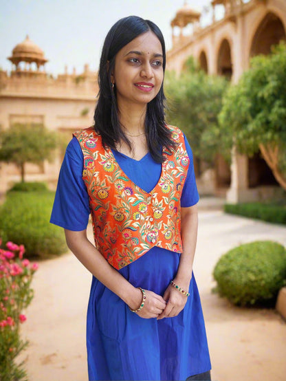 Orange Paithani Jacket with Blue Kurta