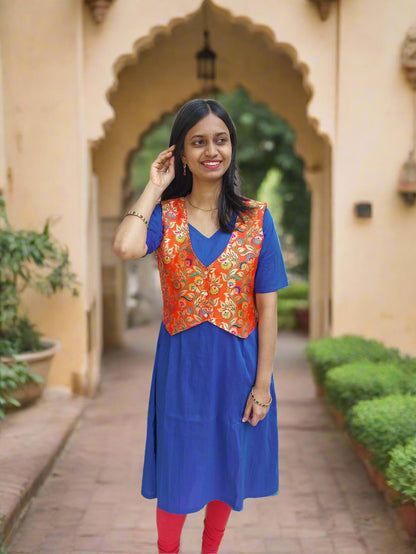 Orange Paithani Jacket with Blue Kurta