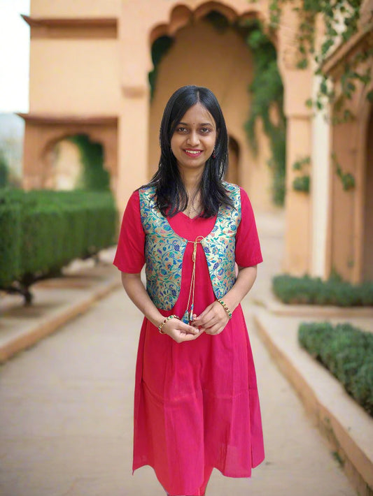 Blue Paithani Jacket with Red Kurta