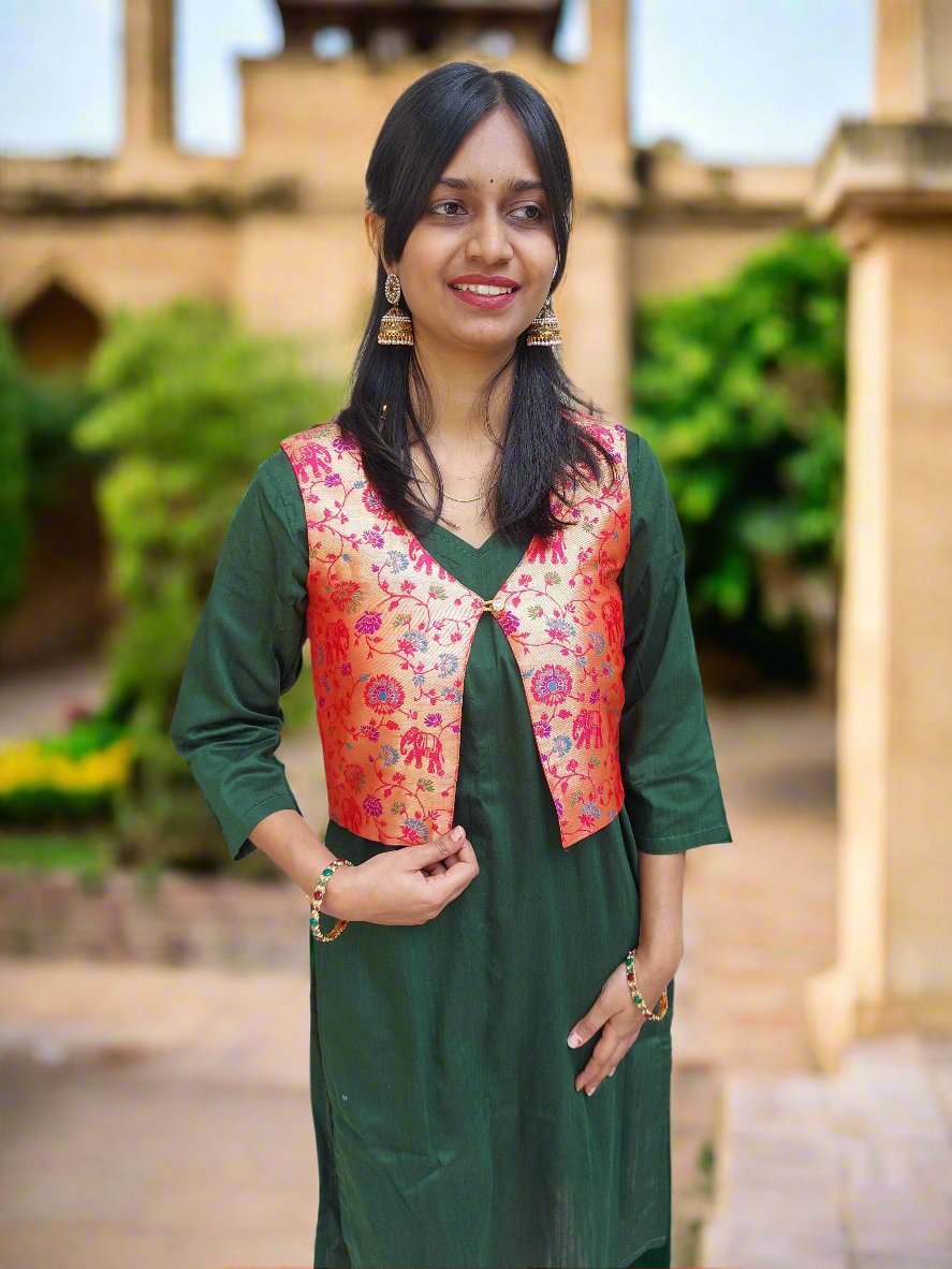 Maroon Paithani Jacket with Green Kurta